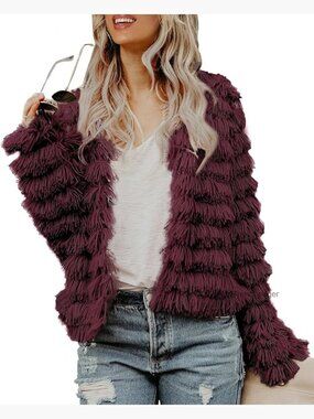 Open Front Faux Fur Cardigan Vintage Parka Shaggy Jacket Coat Women